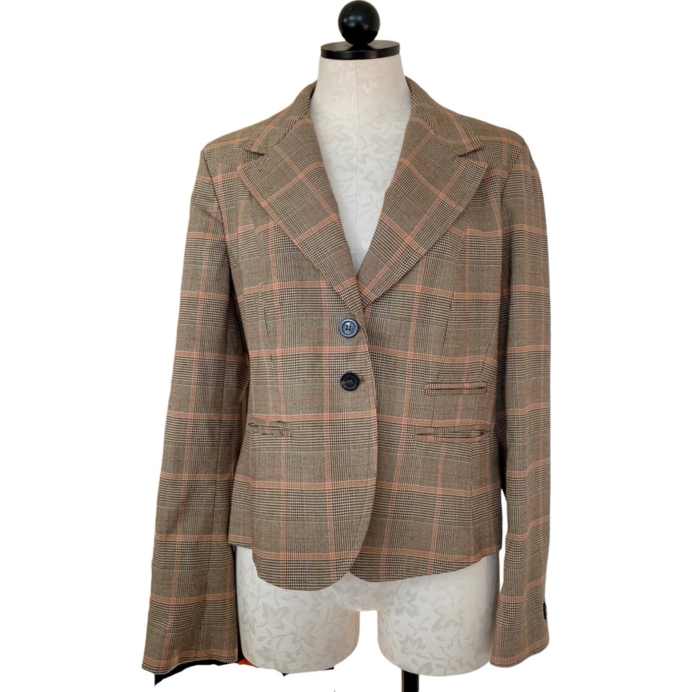 Michael Michael Kors Womens Glen Plaid Blazer Tartan 2 Button Jacket Tan Size 14